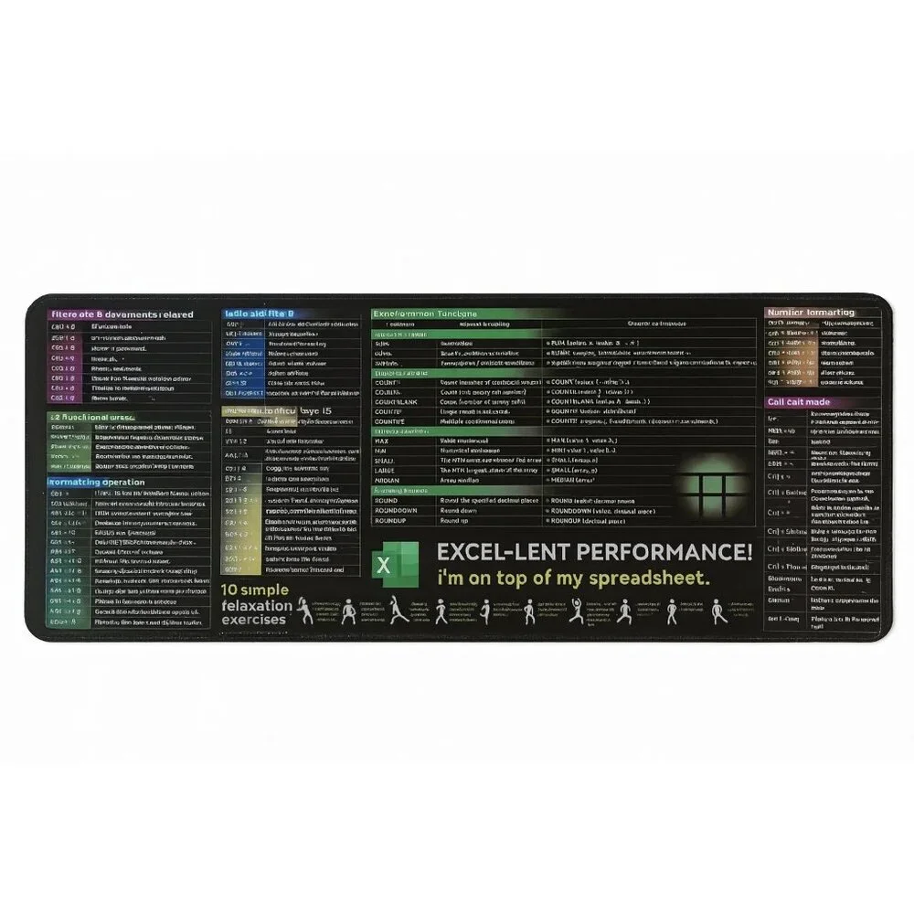 Excel Mouse Pad – Shortcut Guide Desk Mat, Waterproof, Office Mat New